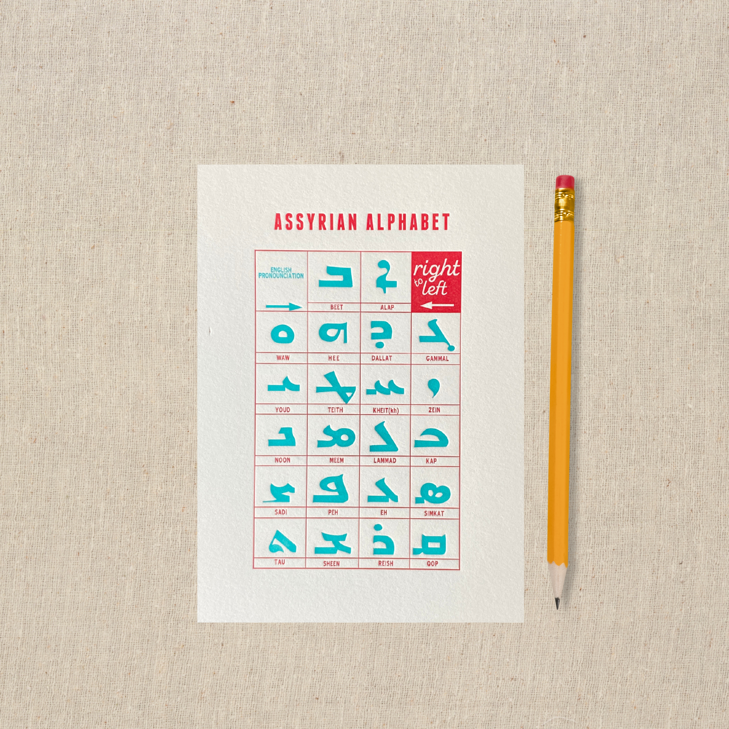 5 x 7 white paper with Assyrian Alphabet printed red on top. Below are printed in turquoise syriac characters with English transliteration in red ink.