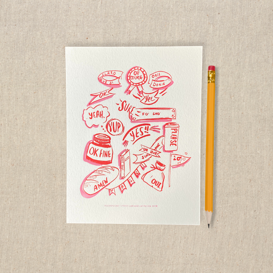5 x 7 letterpress print . Casual drawing of different objects with different words for yes written on them Two color, pink and red