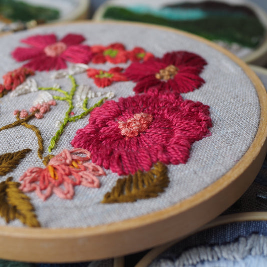 Close up detail of red embroidered flower.