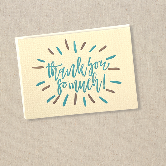 greeting card in turquoise and brown ink on cream colored paper.