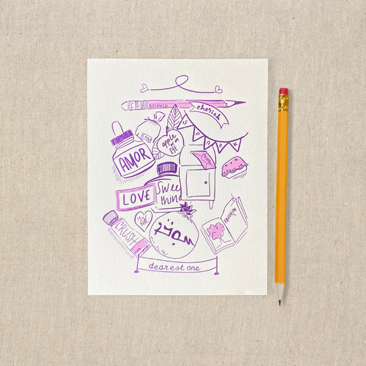 5 x 7 letterpress print . Casual drawing of different objects with different words for love written on them Two color, purple and lilac