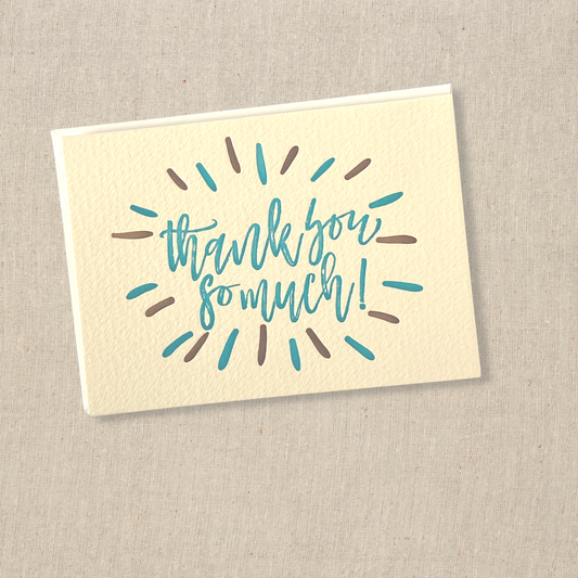 greeting card in turquoise and brown ink on cream colored paper. 